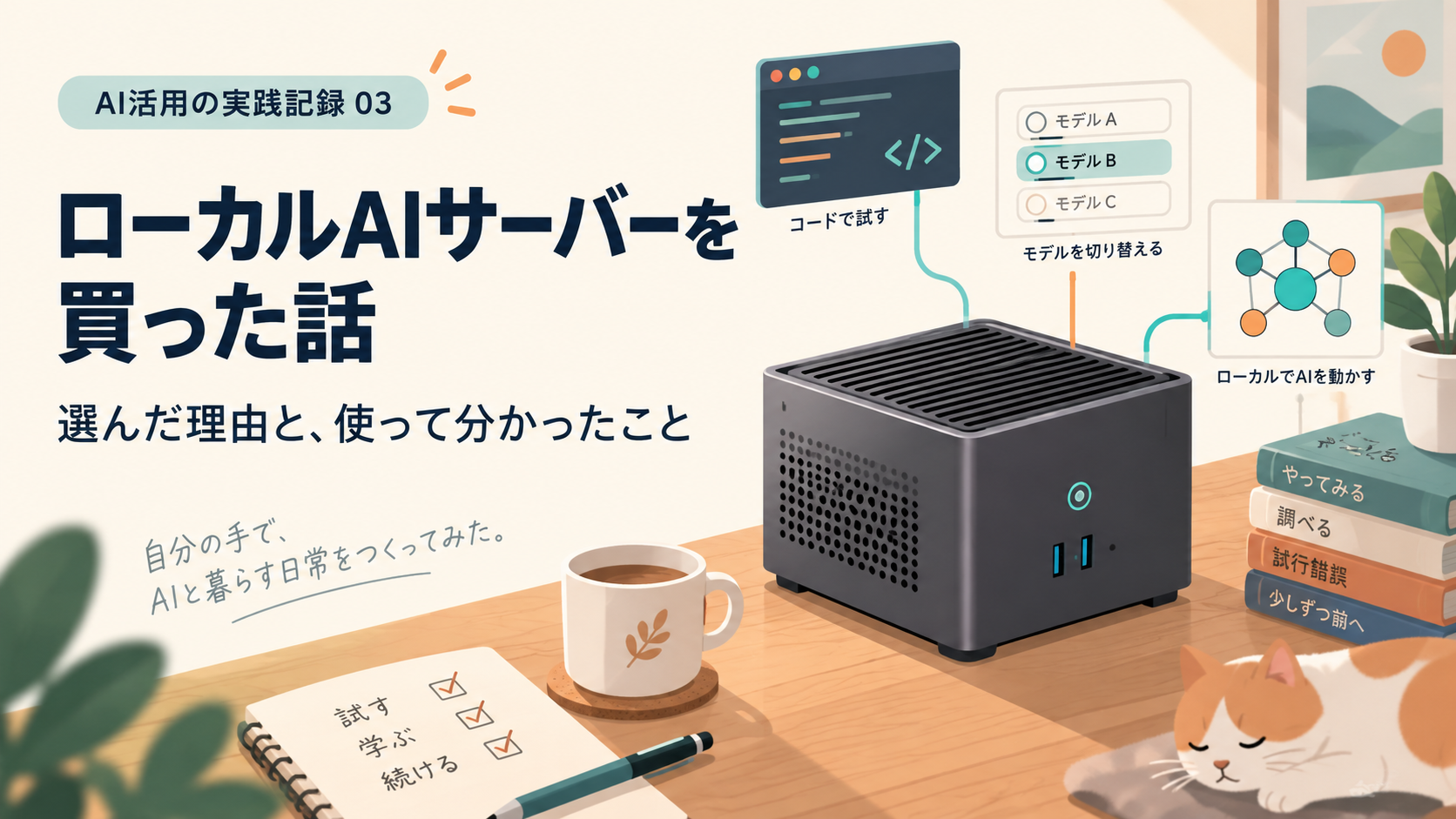 ローカルAIサーバーを買った話。小型PCでコードや複数のモデルを試すイメージイラスト